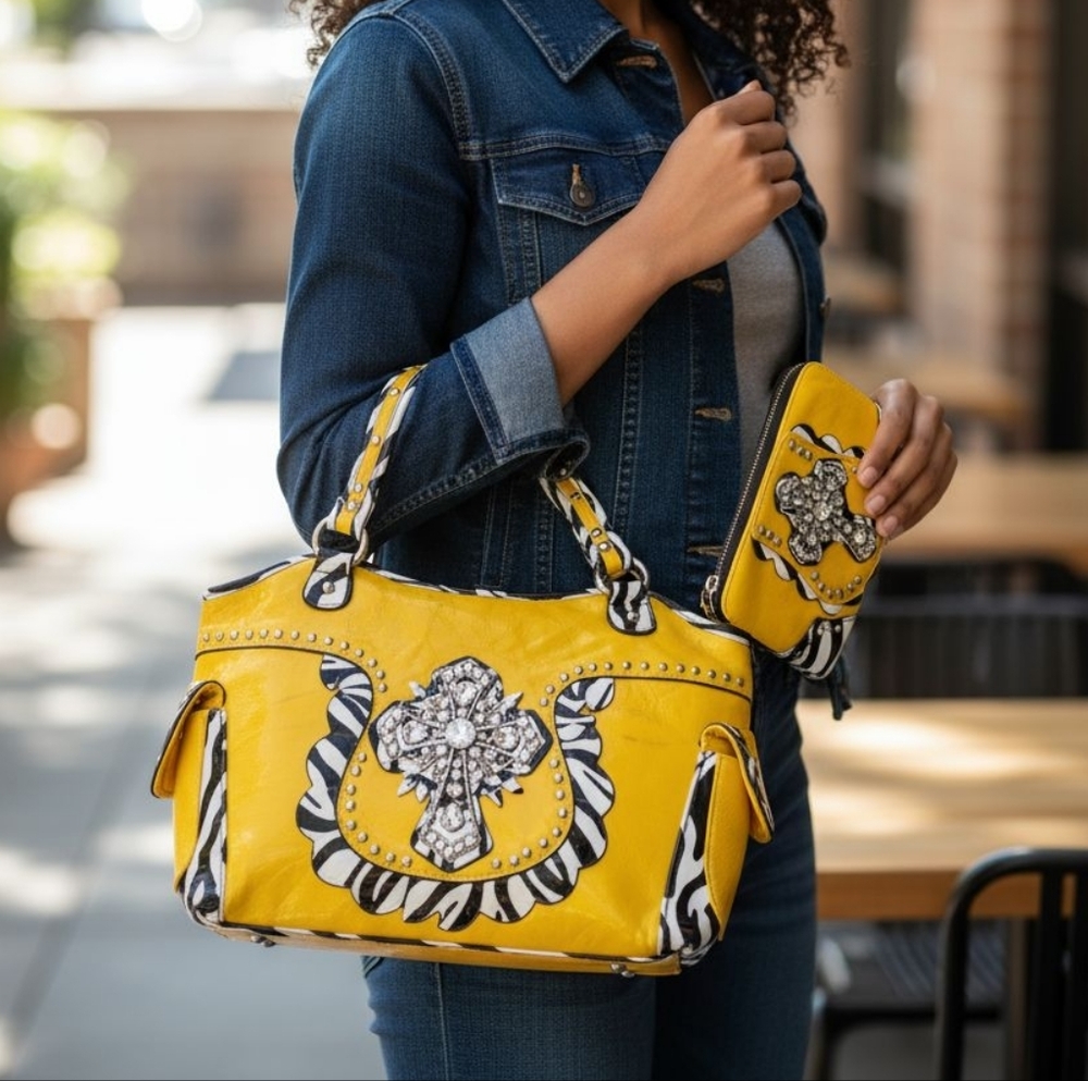 Yellow Designer Handbag with Wallet Set